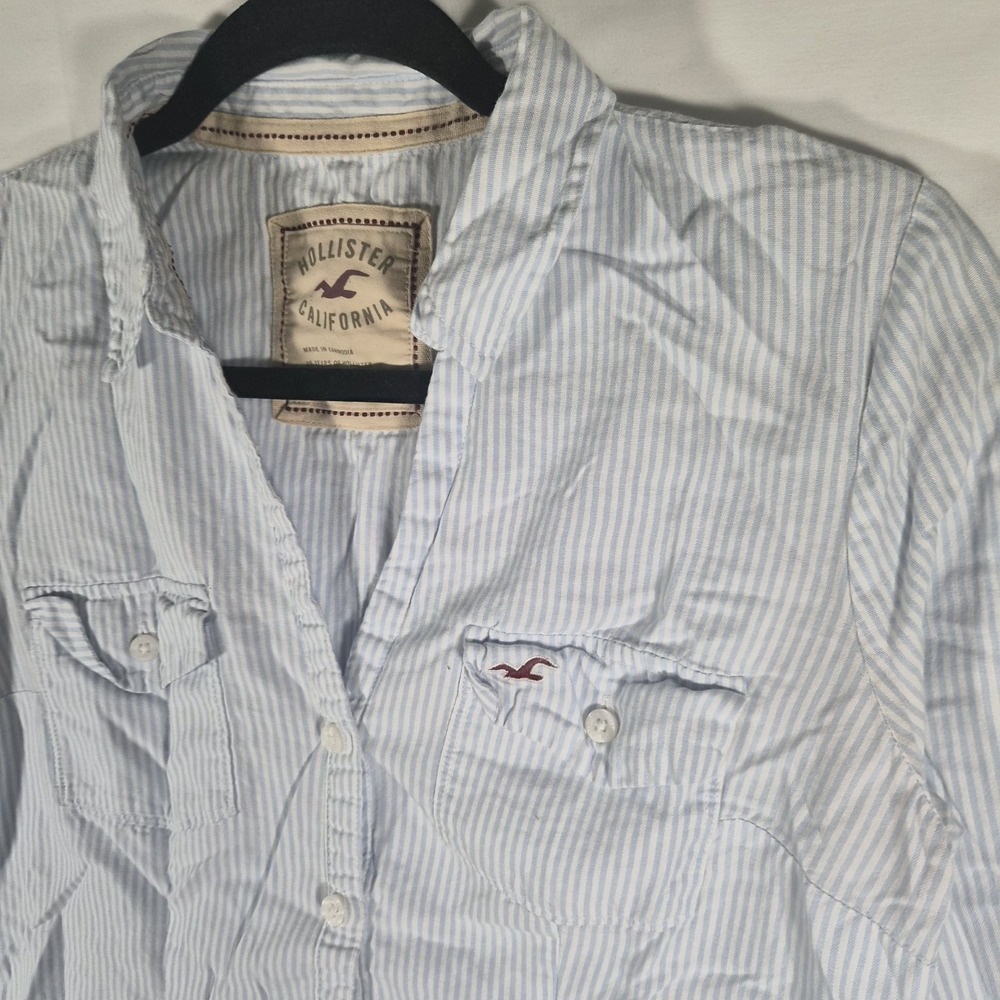 2000s Y2k Hollister Women's M 25 Years Limited Edition Striped Button Shirt Blue